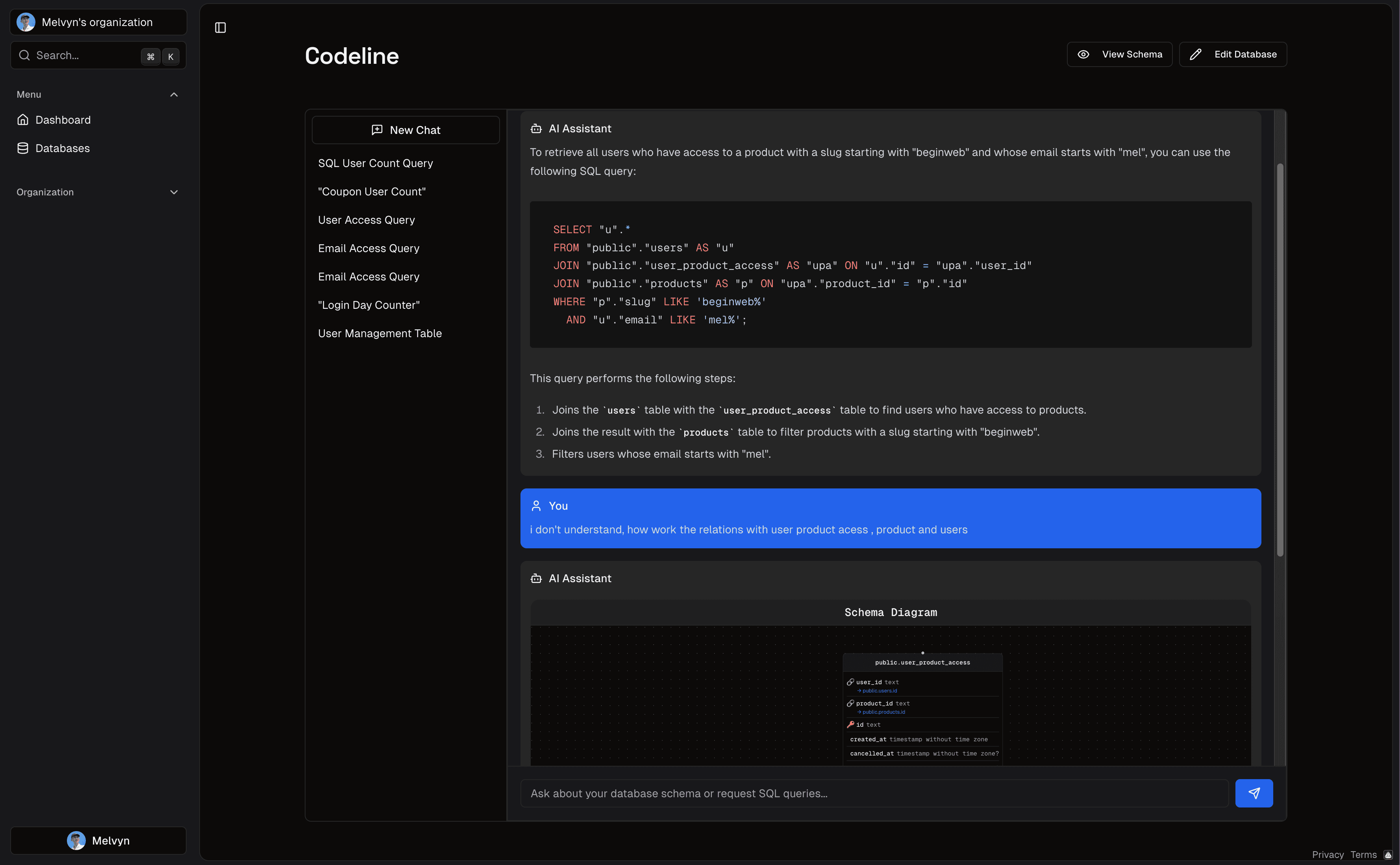 Chat interface showing natural database interaction